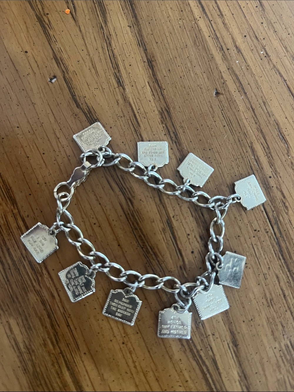 Silver-Tone Charm Bracelet with Engraved The Ten commandments